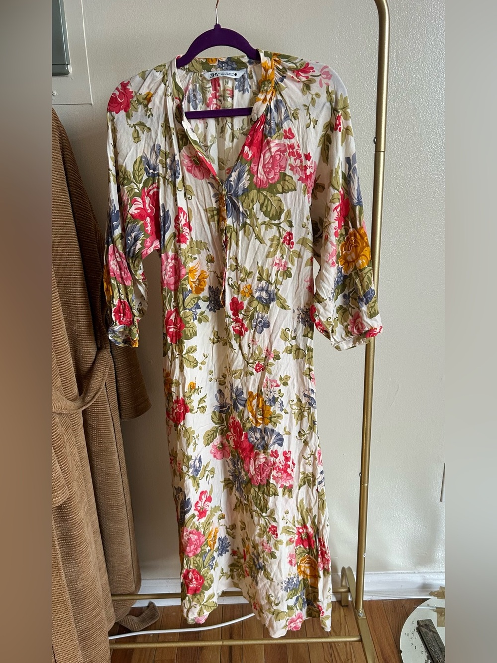 Zara Cream Floral Long Sleeve Midi Dress with Pink, Yellow & Blue Flowers